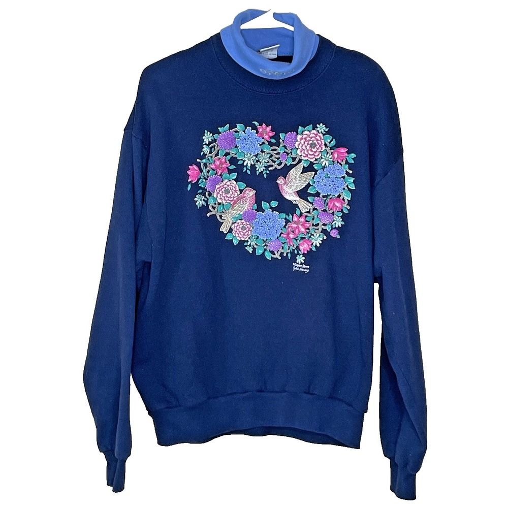 Gopher Sport Bird Floral Blue Sweatshirt Mock Neck Women Size L Grandma Core VTG
